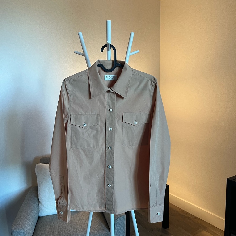 *SOLD*  Saint Laurent 2020 Women’s Tan Button Up Shirt / Blouse